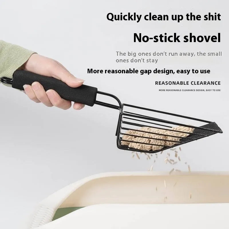 Black metal cat litter scoop with narrow tines for sifting litter