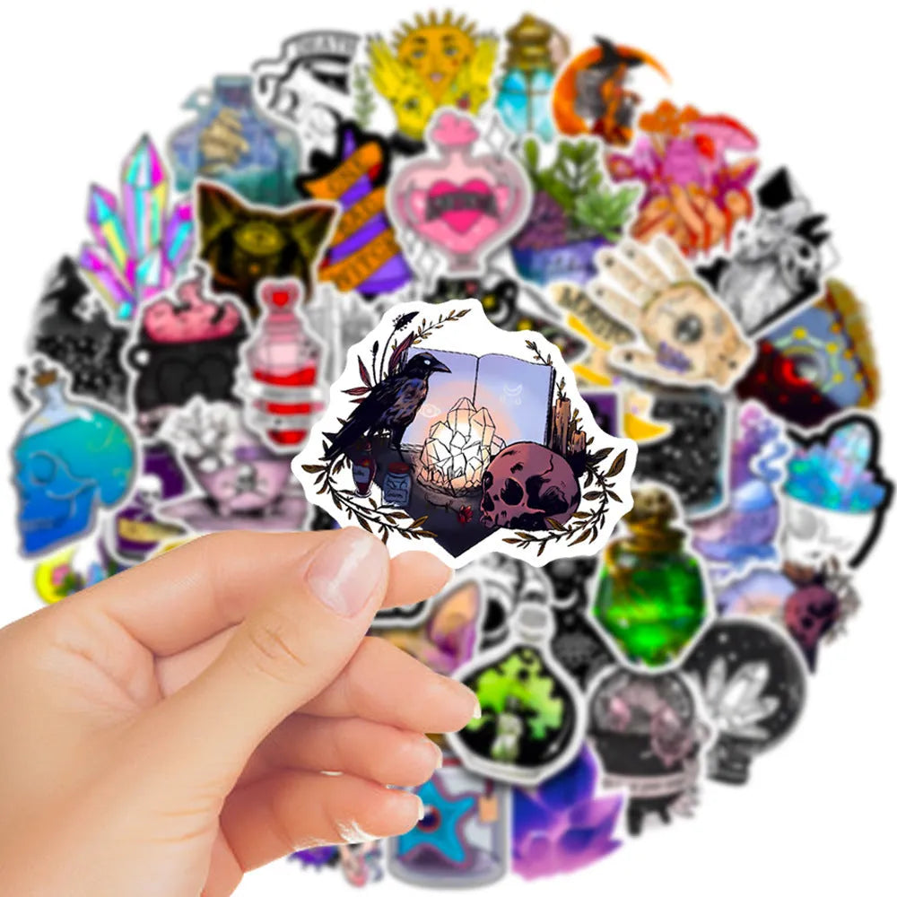 Set of 50 colourful waterproof PVC stickers for luggage and smooth surfaces, sizes 3 to 8 cm.