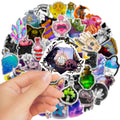 Set of 50 colourful waterproof PVC stickers for luggage and smooth surfaces, sizes 3 to 8 cm.