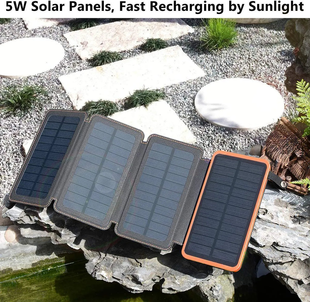 Outdoor rainproof solar phone charger with LED light in black, blue, green, and orange colours.
