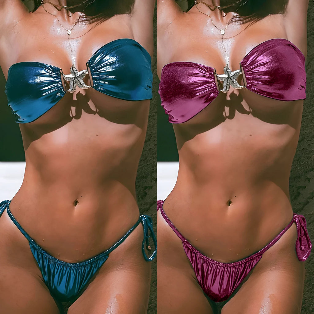 Women's glossy blue tube top split bikini with gold starfish print and long sleeves