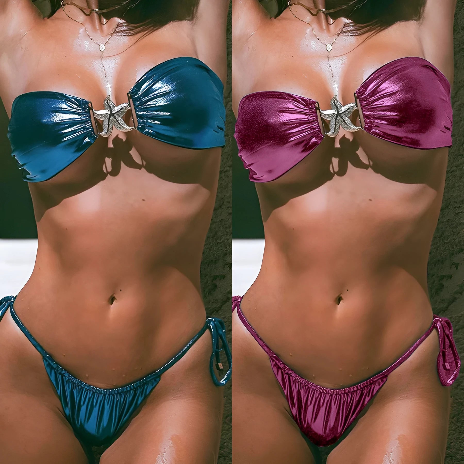 Women's glossy blue tube top split bikini with gold starfish print and long sleeves