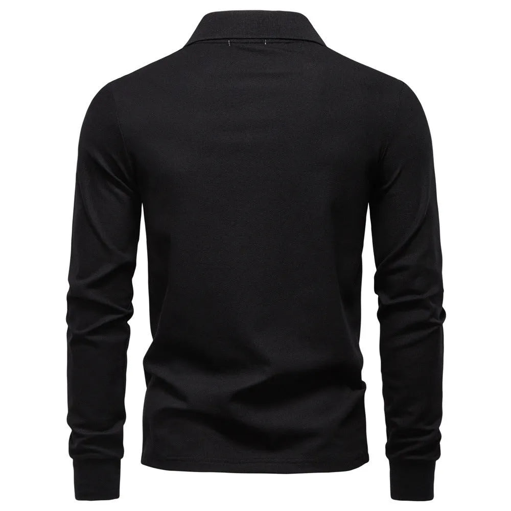 Cotton blend long sleeve solid colour casual polo shirt in army green for autumn leisure wear