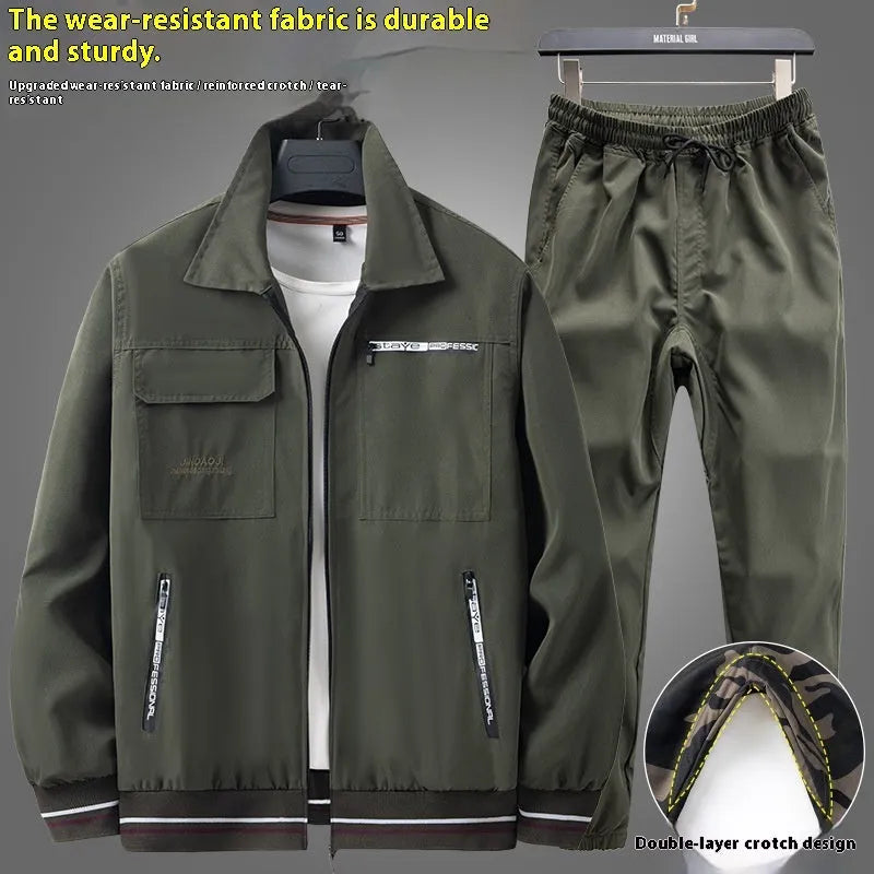 Men's thin camouflage cargo pants suit set in army green, polyester, lightweight workwear