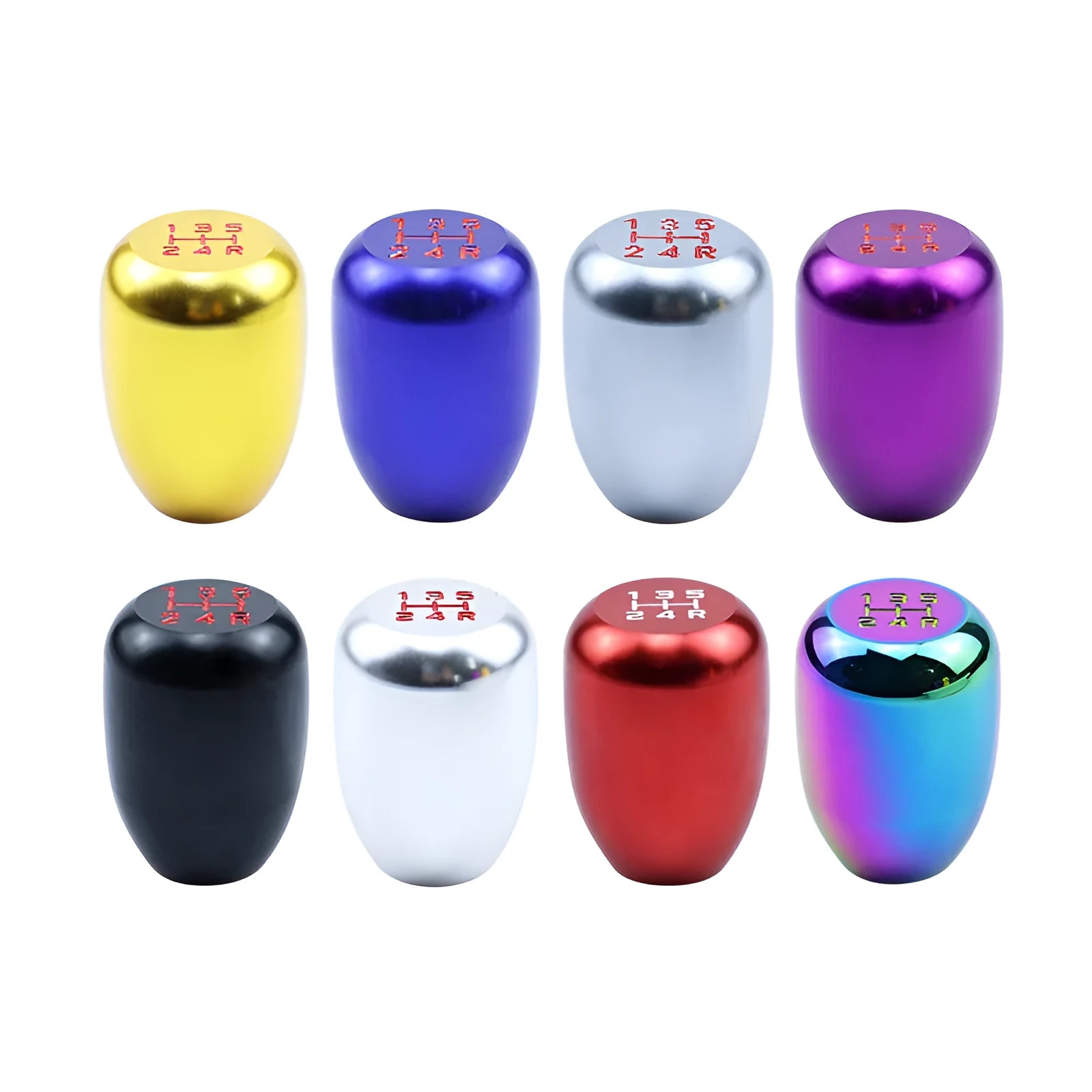 Universal aluminium alloy car gear shift knob with three rubber adaptor sleeves in sizes 8mm, 10mm, and 12mm.