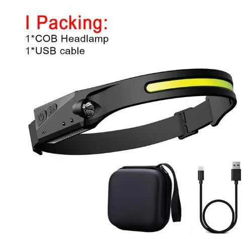 COB LED Induction Riding Headlamp Flashlight with USB rechargeable and waterproof features for outdoor activities