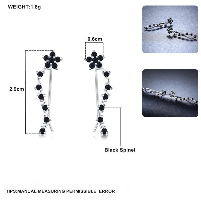 Women's Long Fringed Zircon Earrings in black with flower detailing