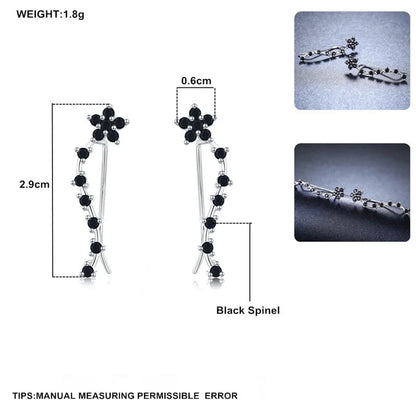 Women's Long Fringed Zircon Earrings in black with flower detailing