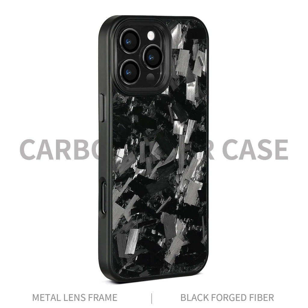 Forged pattern metal frame and carbon fibre protective case for iPhone 17, shown in black frame blue gold colour with magnetic feature.