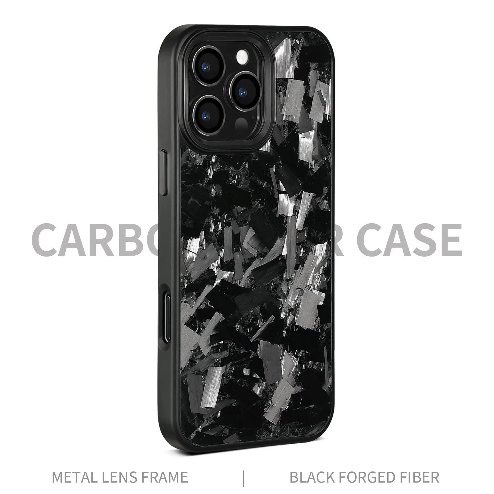 Forged pattern metal frame and carbon fibre protective case for iPhone 17, shown in black frame blue gold colour with magnetic feature.