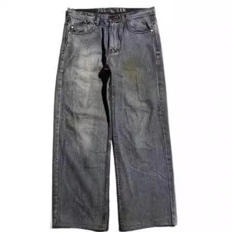 Men's grey washed-out jeans with American retro styling and wide-leg workwear design