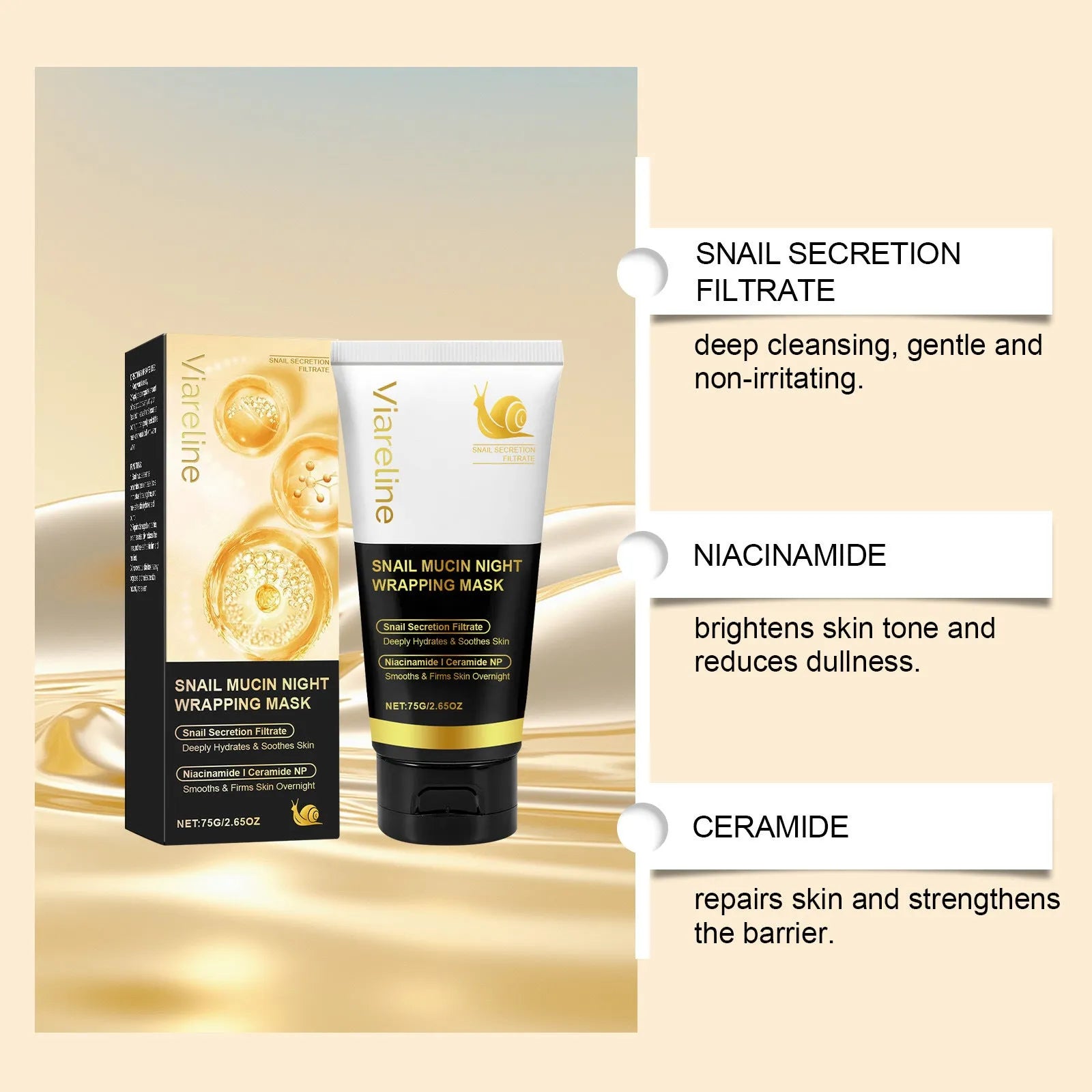 Snail mucus tearing face mask 75g with collagen and ceramide ingredients