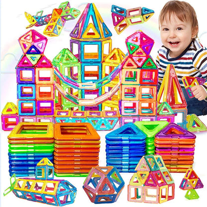 Premium magnetic building blocks in various shapes and sizes, showcasing the endless creative possibilities for kids