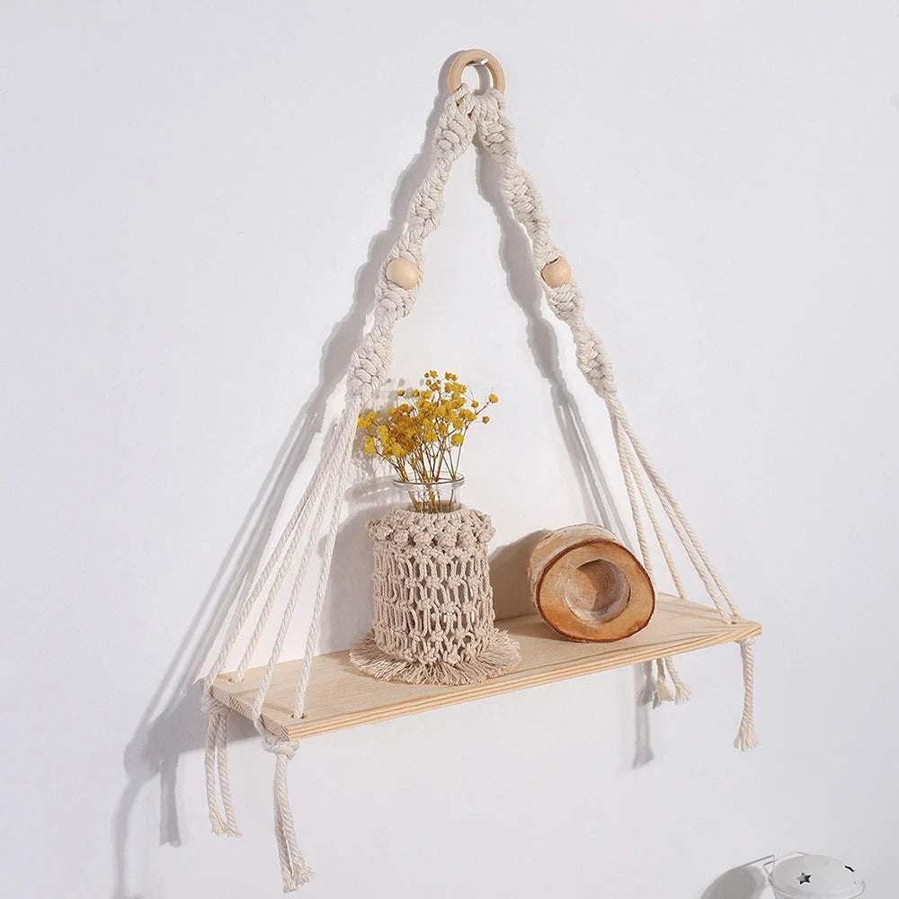 Hand-woven cotton tapestry wall decoration rack with wooden planks in rectangle shape