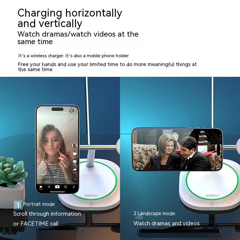 White three-in-one 15W magnetic suction wireless charger for phone earphone and watch on desk