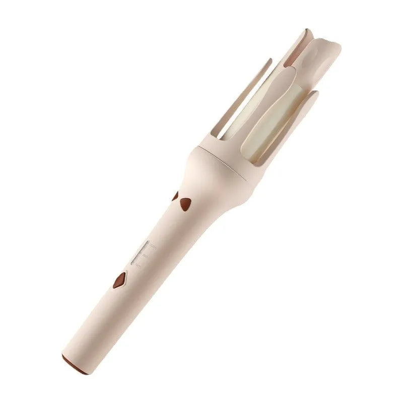 Automatic hair curler with white ceramic barrel on a stand, showing colour options.