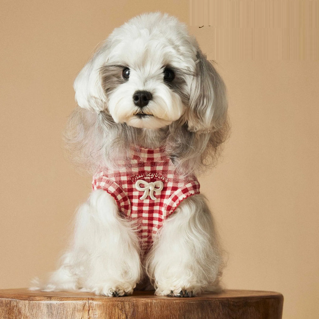 Red plaid sleeveless cotton spandex vest for small dogs on white background