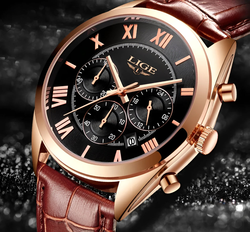 Men's sport quartz chronograph watch with black dial, leather strap, alloy case, date window, and 30M water resistance