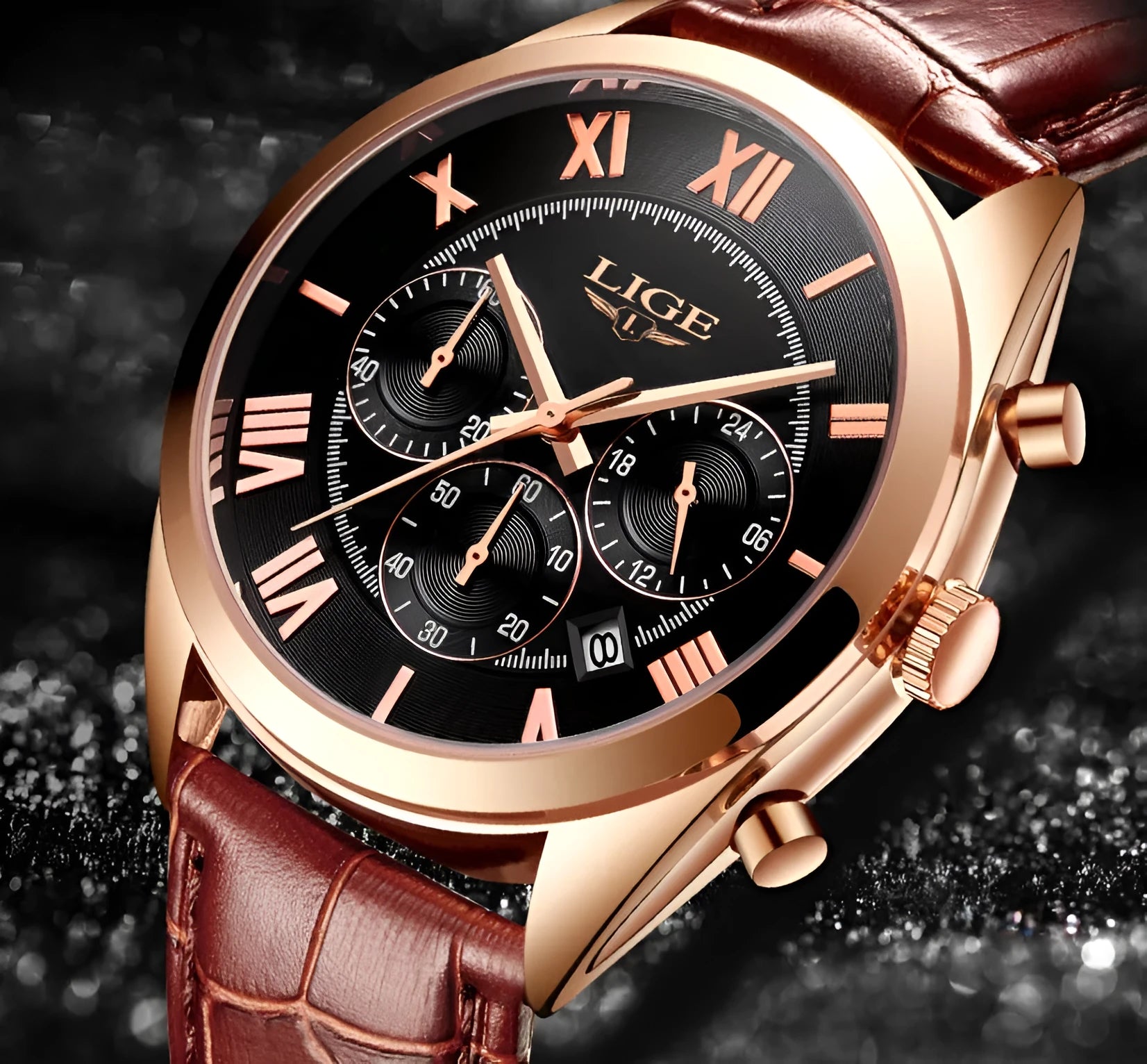 Men's sport quartz chronograph watch with black dial, leather strap, alloy case, date window, and 30M water resistance