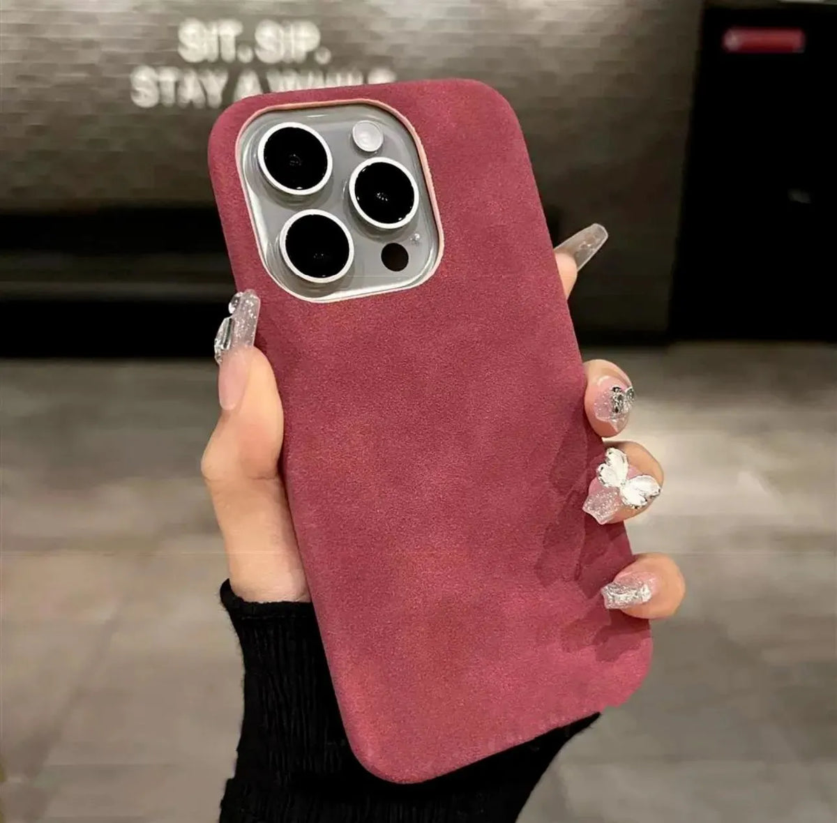 Frosted suede phone case for iPhone in solid colour showing rear cover with camera cutout