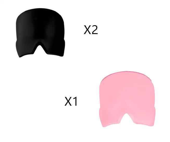 Black elastic cloth gel eye mask with adjustable strap showing 22x17cm dimensions