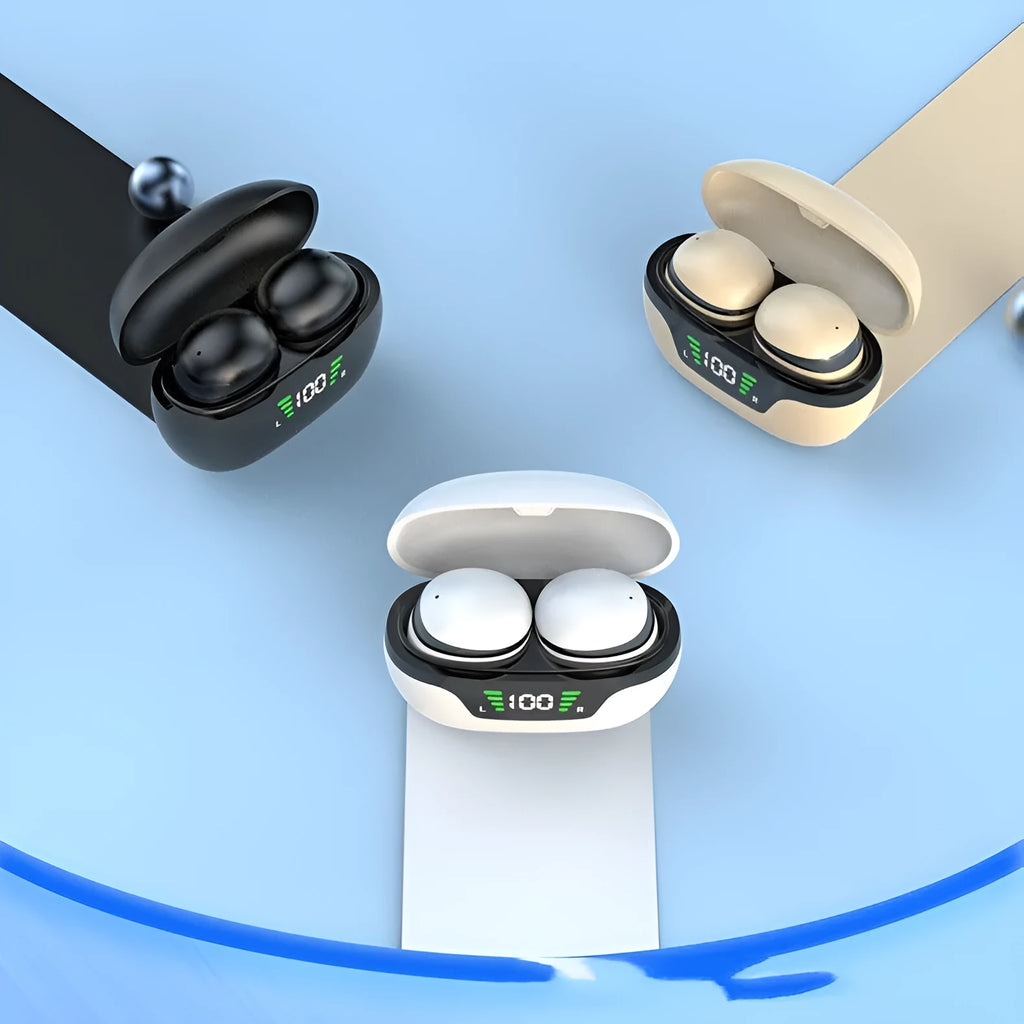 Black wireless Bluetooth headset with digital display screen and in-ear design