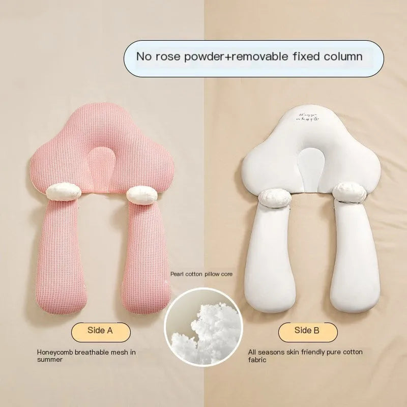 U-shaped baby head pillow in pure cotton, shown in blue and pink colour options.