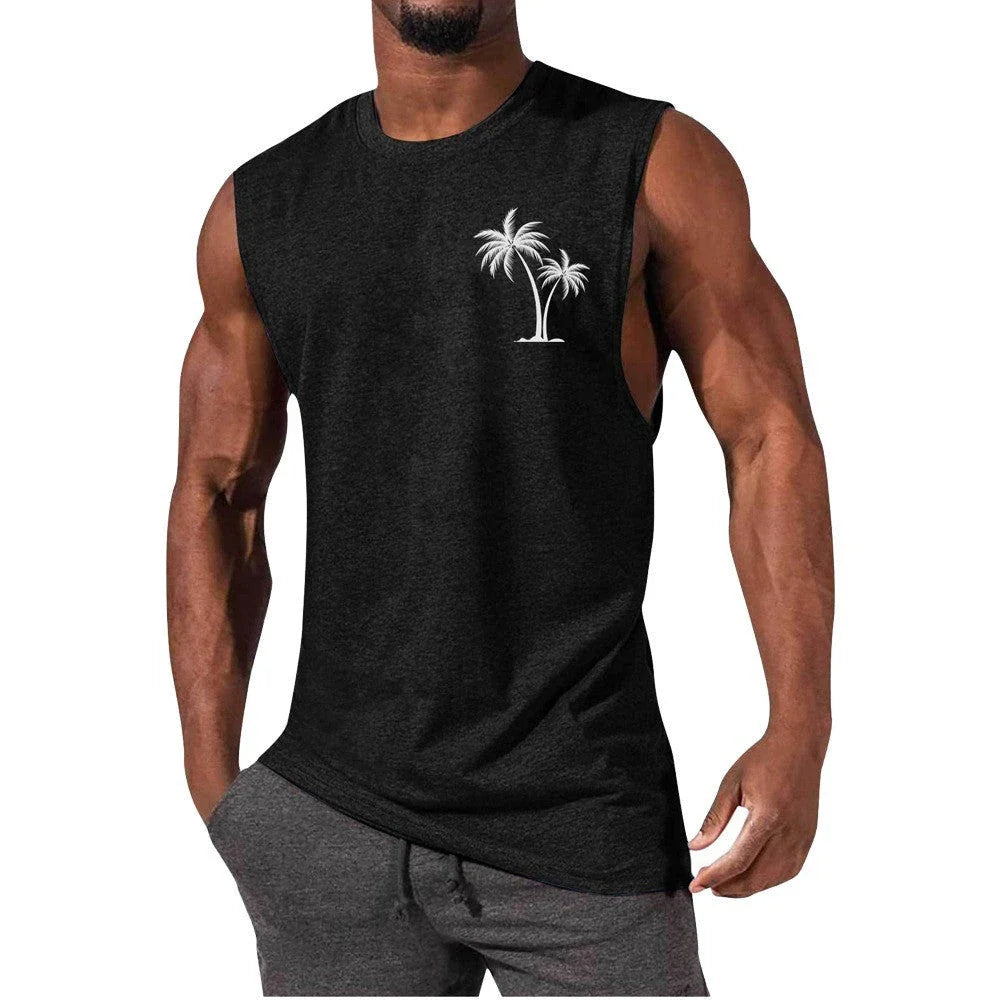 Tropical palm tree embroidered muscle tee in a variety of colors for an active, summer-inspired look