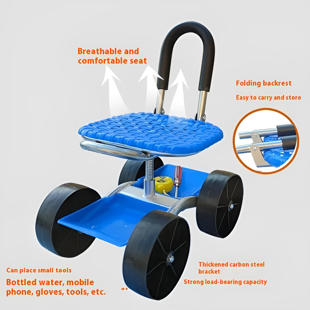 Folding garden mobile seat with wheels and galvanized pipe frame for outdoor use