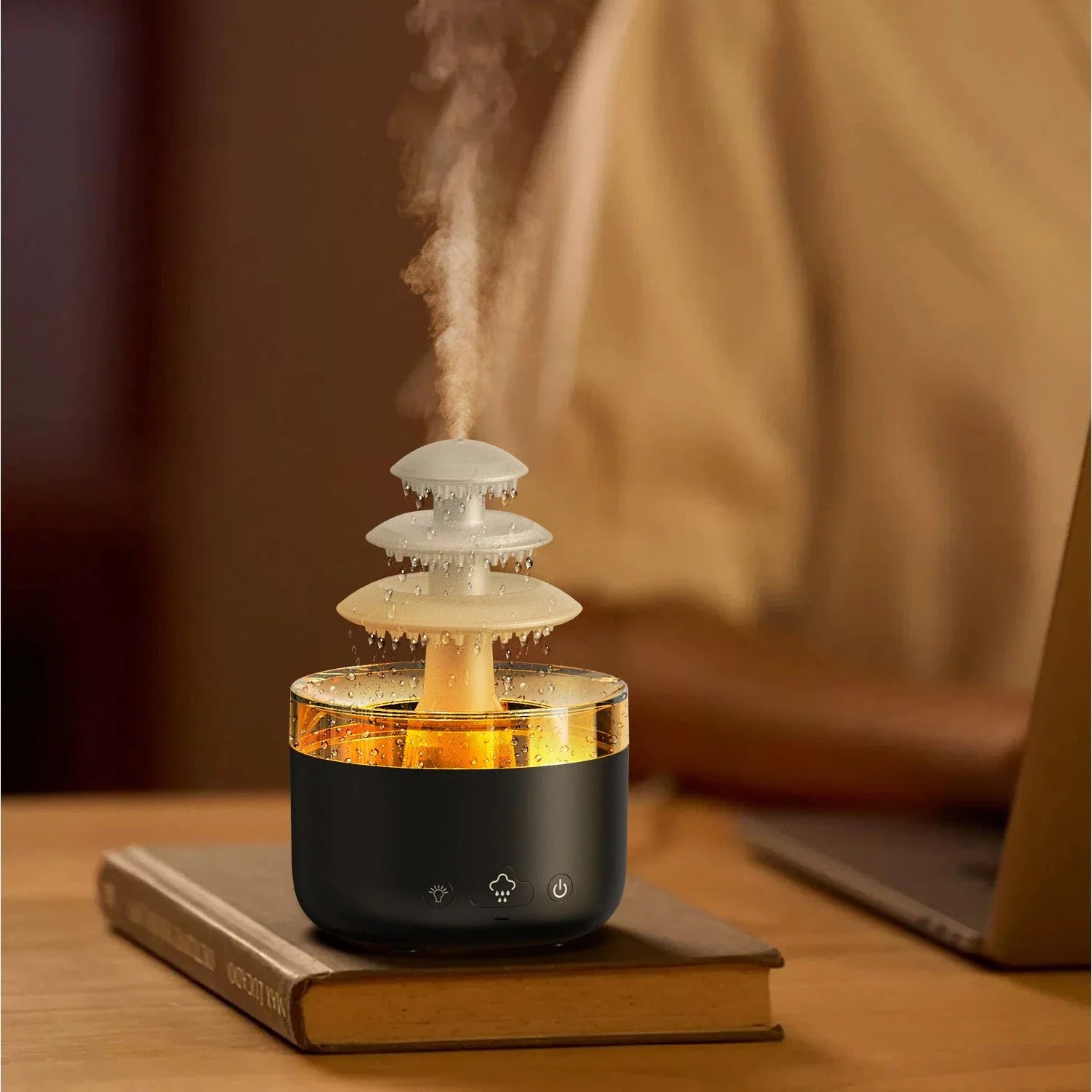 Relaxing cloud-shaped humidifier with essential oil diffuser, colorful ambient lighting, and USB power