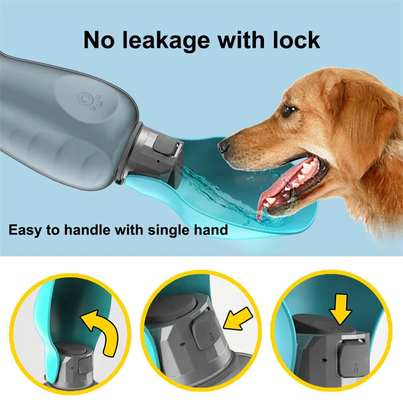 800ml portable dog water bottle with foldable bowl in various colors, leakproof design for outdoor use