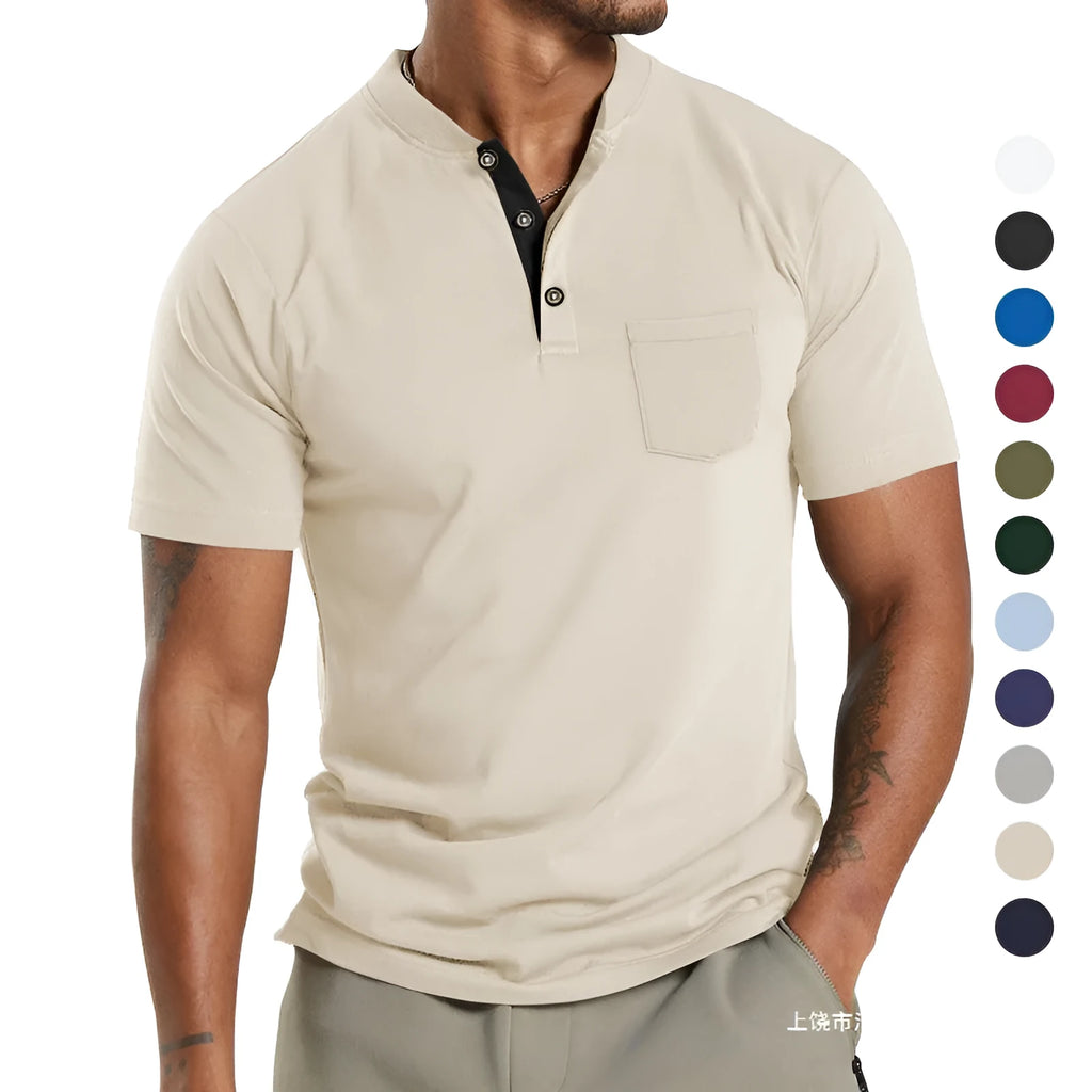 Plus size man wearing a light grey short sleeve polyester casual shirt with a button chest pocket.