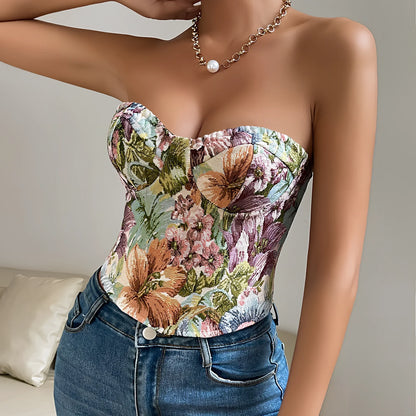 Women's Y2K floral lace tube vest top in apricot, 40cm crop length with back-tied strapless design, slim fit polyester tank