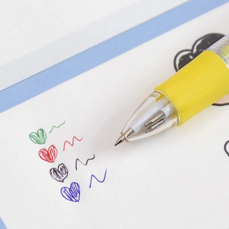 Cartoon-themed four-colour press ballpoint pen with plastic and silicone body and 0.7mm bullet tip