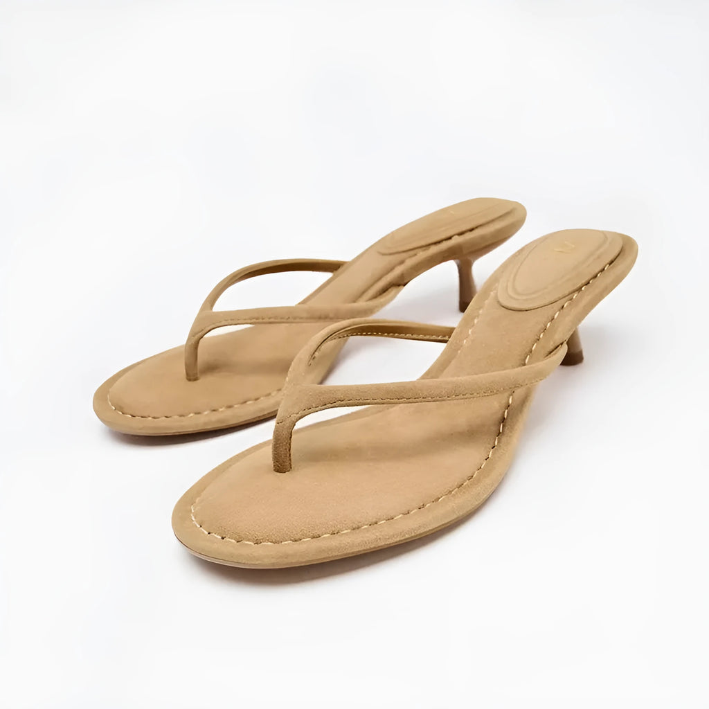 Women's round-toe mid-heel flip-flop sandals in khaki colour with microfiber upper