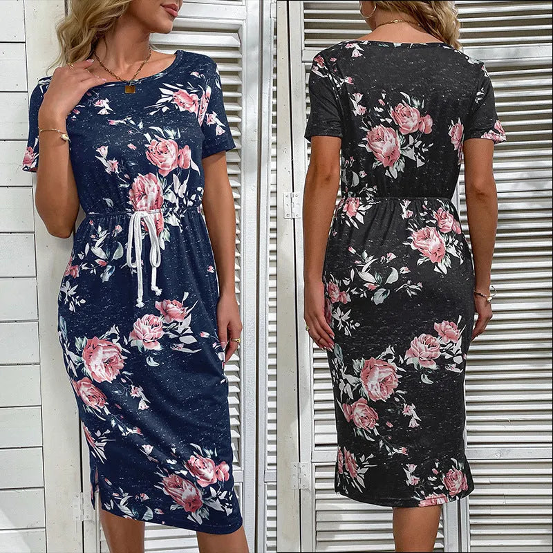 Casual women's black high waist printed polyester dress front view