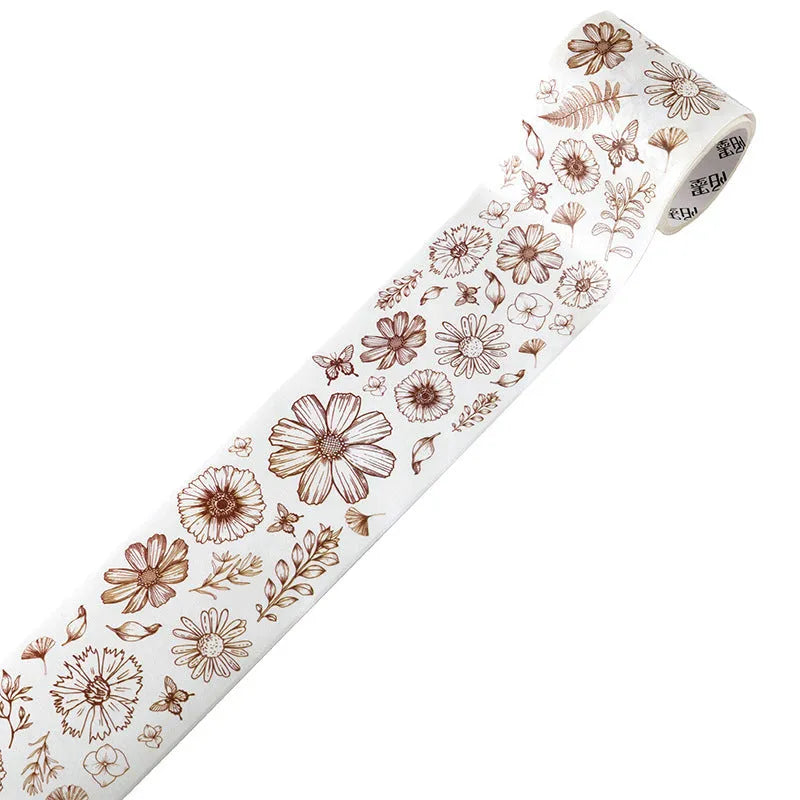 Roll of vintage style floral watercolour paper tape on a Japanese paper base, showing a 2 metre length.