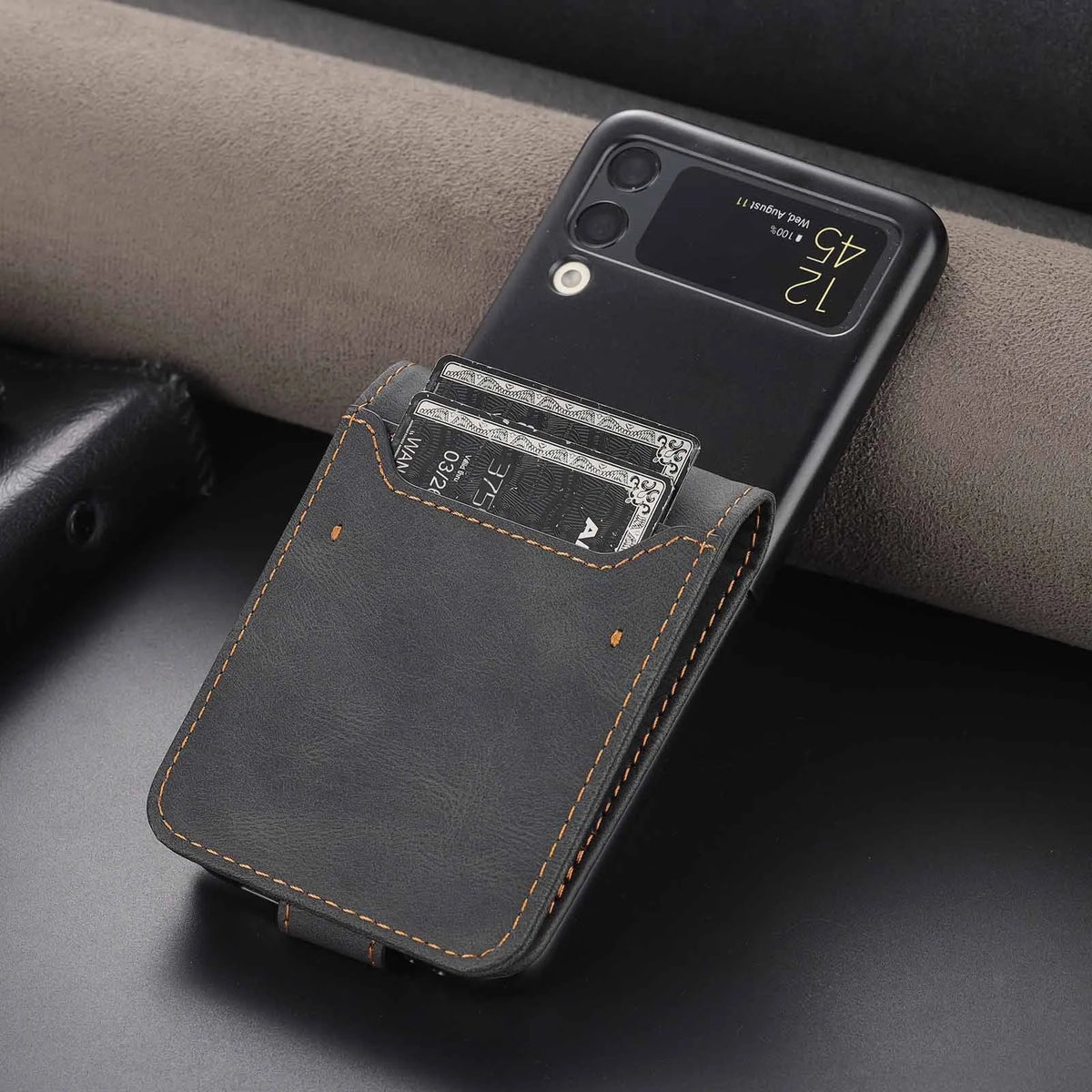 PU PC flip phone case with three card slots and magnetic closure for Samsung Z Flip 3, 4, 5 in black