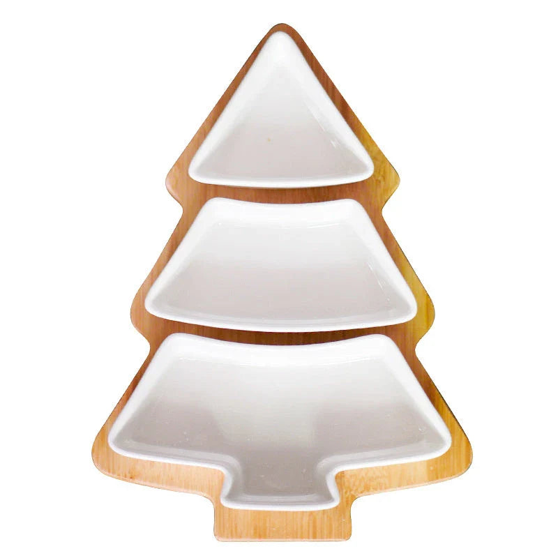 4-piece set of Christmas tree-themed ceramic plates in white and pink colors, perfect for holiday dining and entertaining