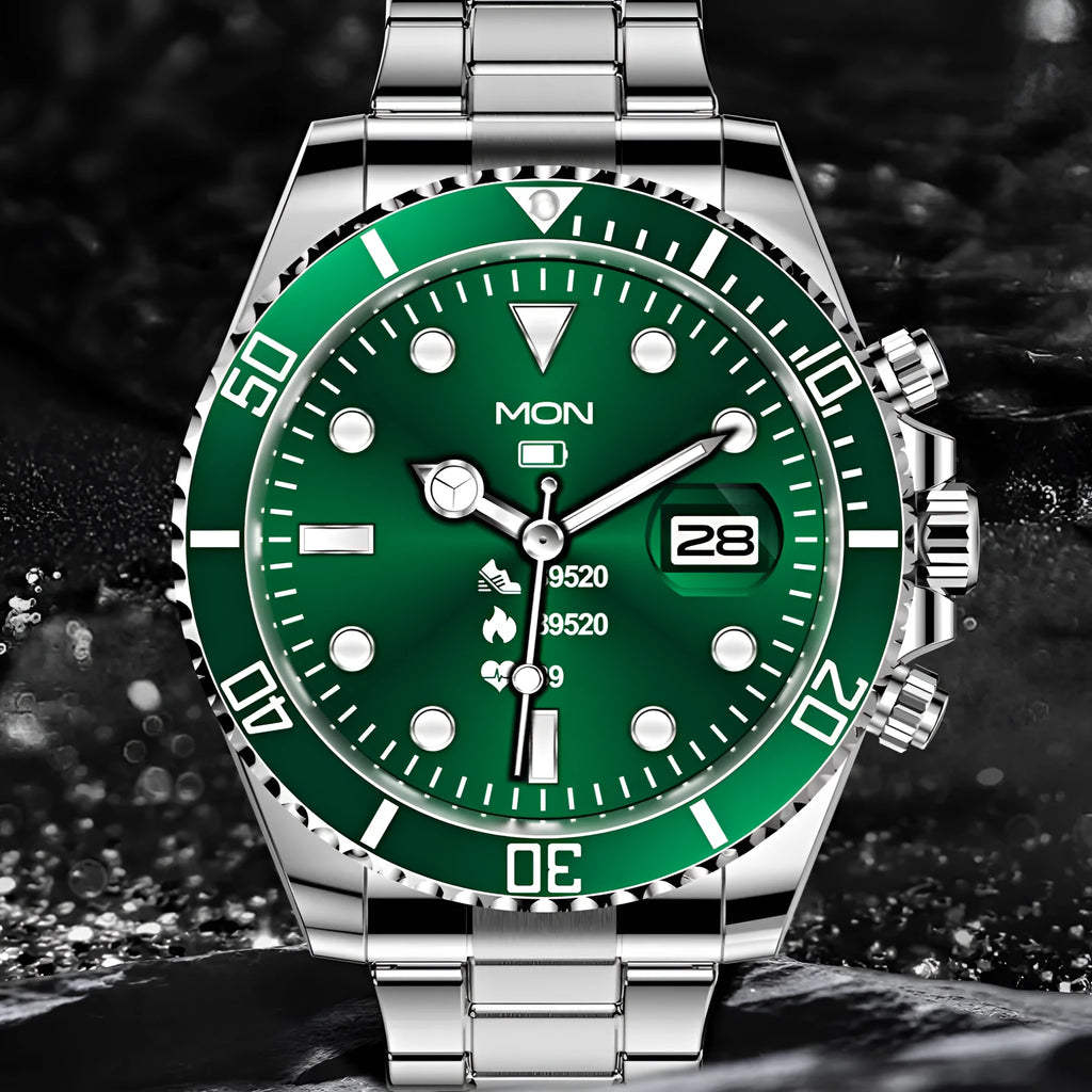 Stainless steel green water ghost dial smartwatch on wrist showing heart rate and time on 1.28 inch TFT screen
