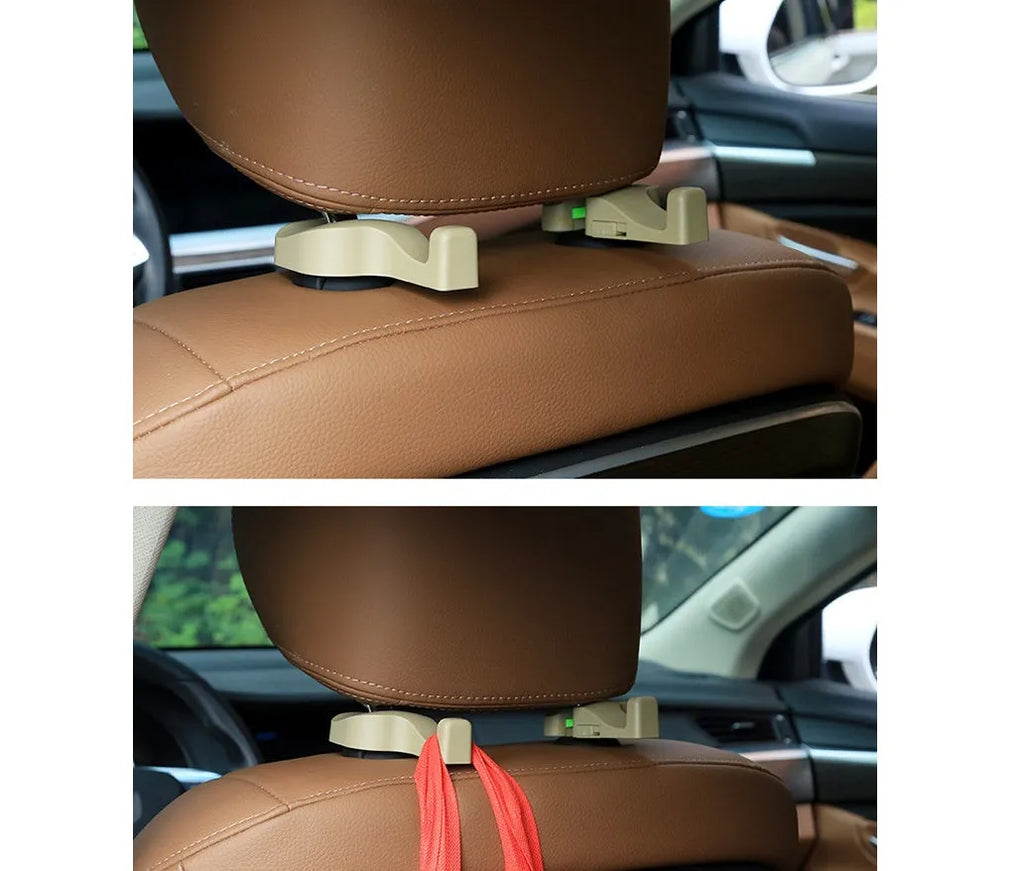 Pair of concealed plastic car seat back hooks for hanging bags and coats, available in black or white