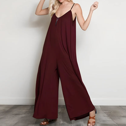 Women's black V-neck long jumpsuit with wide legs, loose fit up to 5XL, 160cm length for summer casual wear