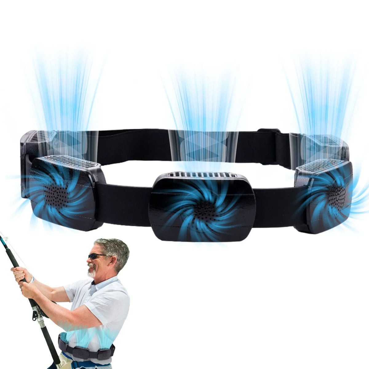 Outdoor portable ring fan waist set with 5 fans, black plastic, USB powered, 1.5m cable
