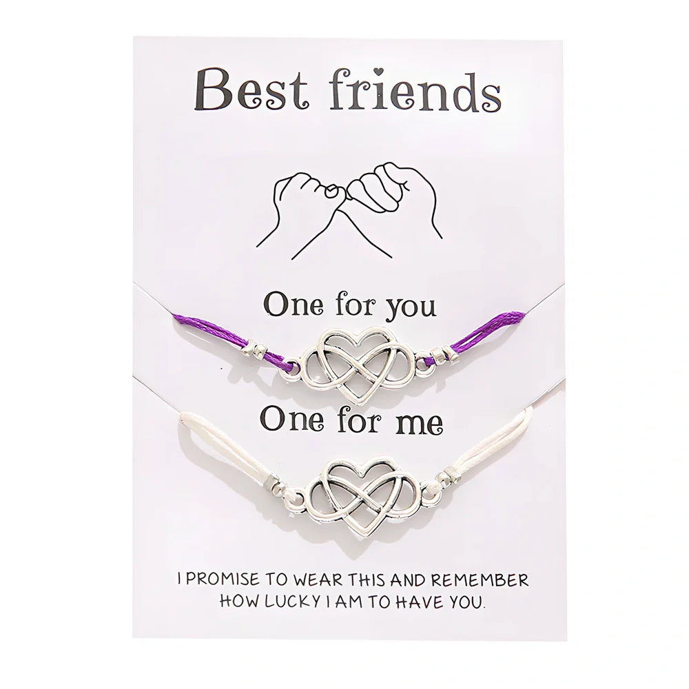 Adjustable heart-shaped alloy friendship bracelet set in black, blue, purple, red colours, 16-26cm length with Korean wax line