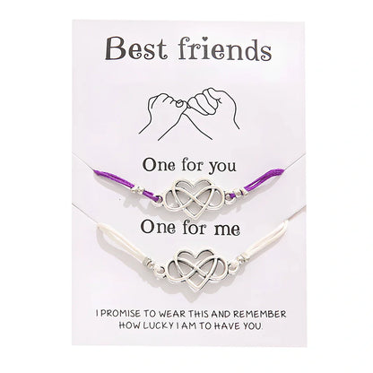 Adjustable heart-shaped alloy friendship bracelet set in black, blue, purple, red colours, 16-26cm length with Korean wax line