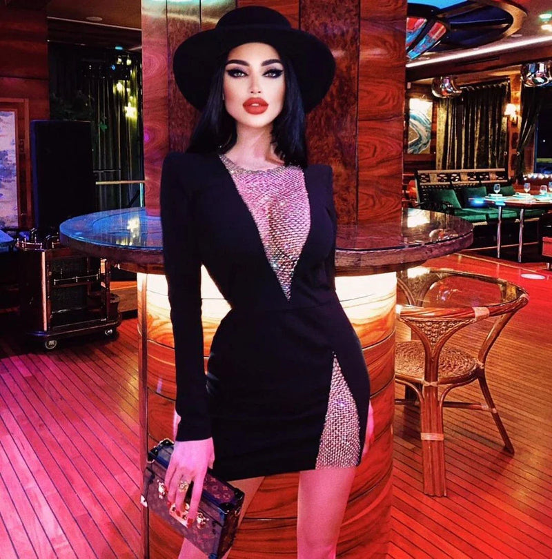 Alluring Diamond-Mesh Cocktail Dress with Long Sleeves