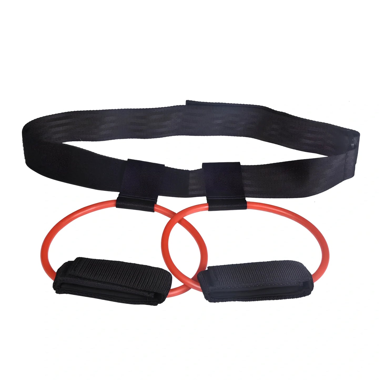 Women's adjustable waist resistance band with colour-coded latex tubes and pedal exerciser foot straps