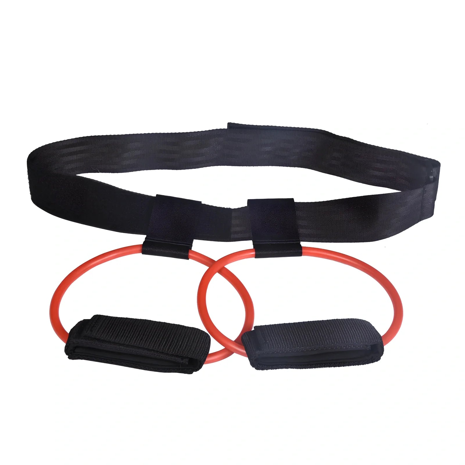 Women's adjustable waist resistance band with colour-coded latex tubes and pedal exerciser foot straps