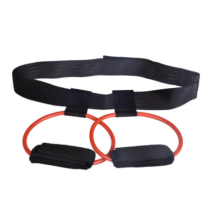 Women's adjustable waist resistance band with colour-coded latex tubes and pedal exerciser foot straps