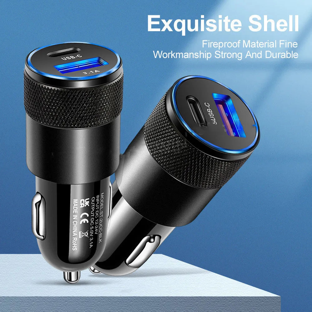 Aluminium alloy dual USB car charger with compact 2.5x6cm dimensions